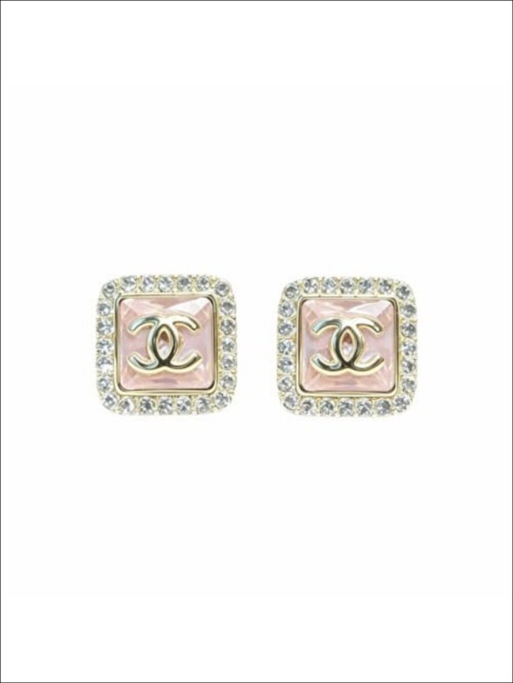 Gold Plated Square Stud Earrings with Pink Crystal and Rhinestone Halo